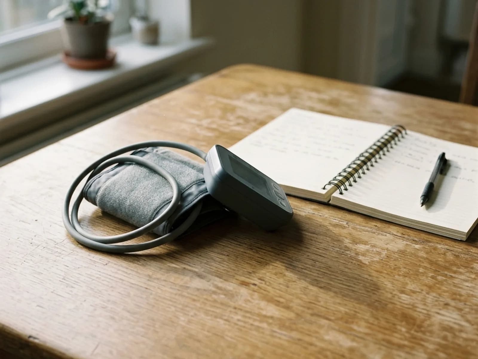 A blood pressure monitor cuff resting folded beside its tube on a plain light grey desk.