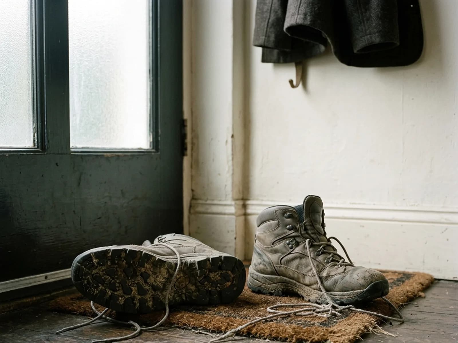 A pair of worn, comfortable walking shoes placed neatly on the floor beside a wooden door entry.